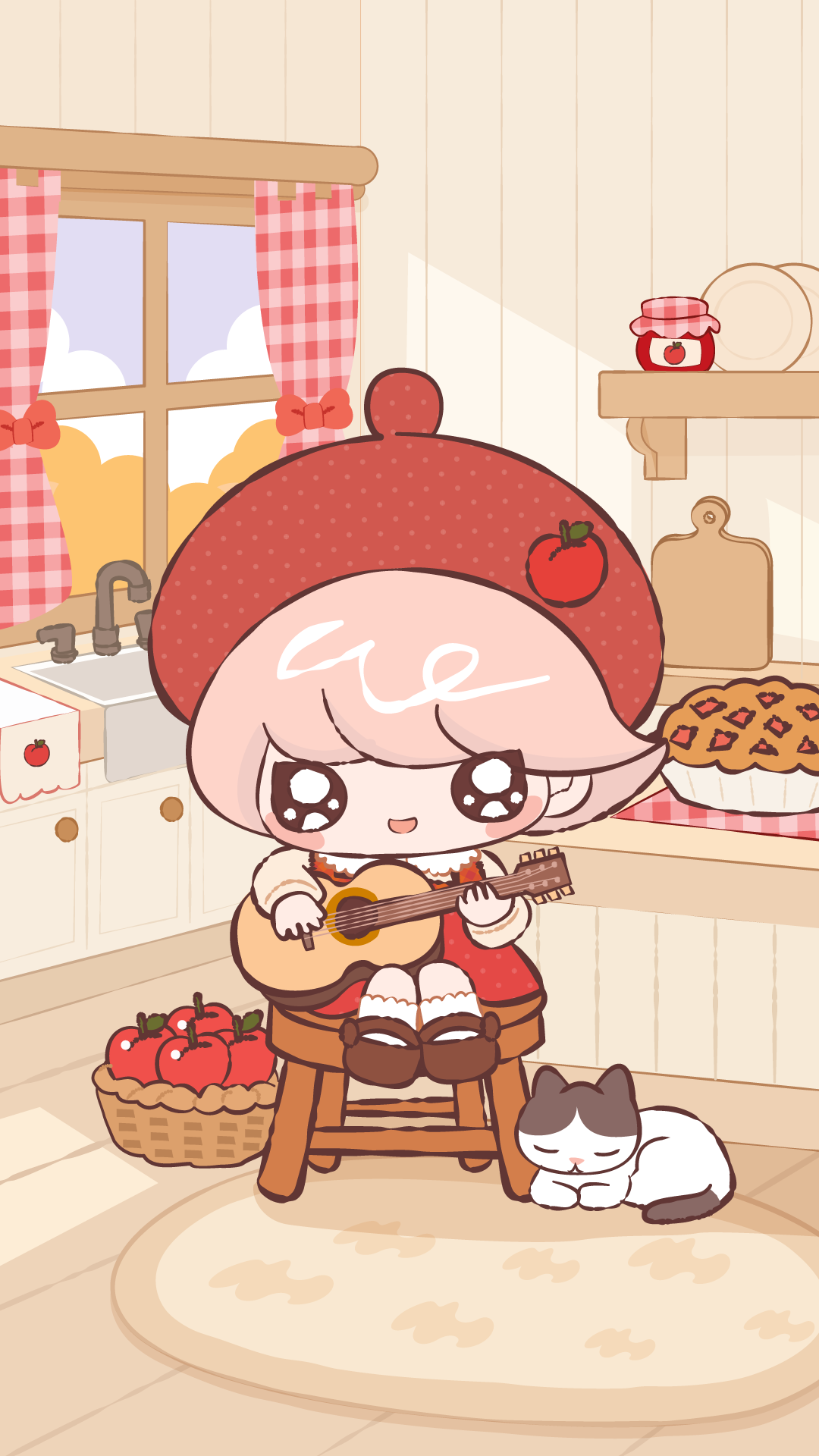ギターを弾くあんずちゃんの縦型イラスト
