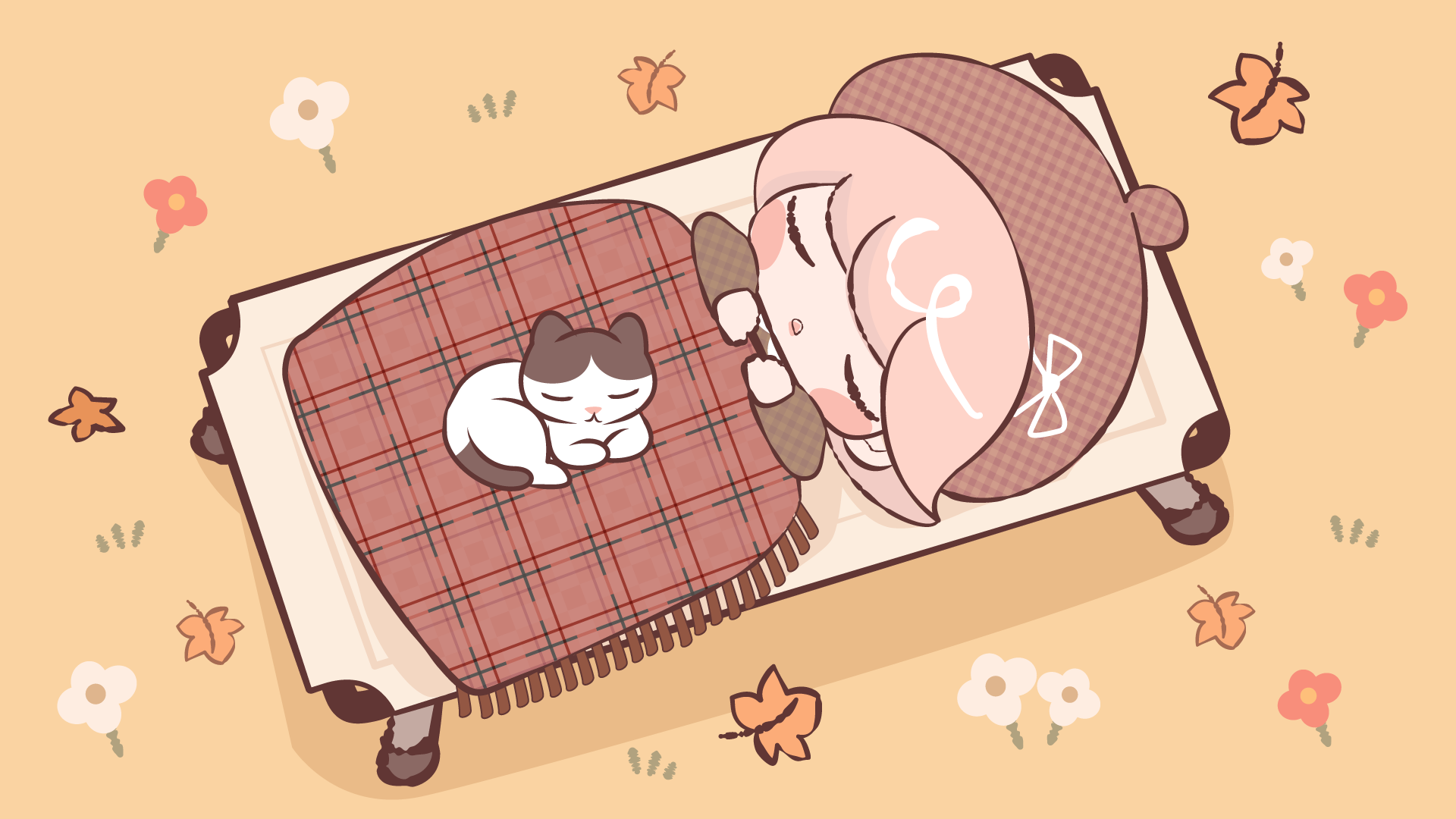 秋空の下のコットで猫と眠るあんずちゃん